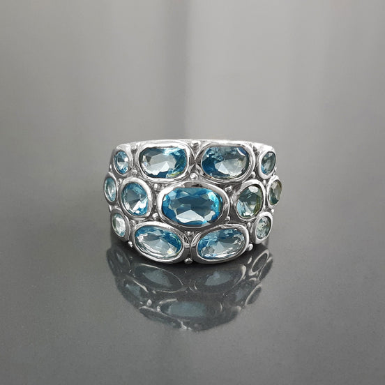 Topaz Blue Color Ring, Sterling Silver Ring, Intricate Boho Design, Oval shape Stone, Antique Ring, Unique Boho Ring,