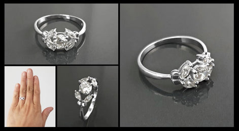 925 Sterling Silver Halo Ring, Lab White Diamond Simulant, Small Modern Classical Jewelry, Minimalist Ring