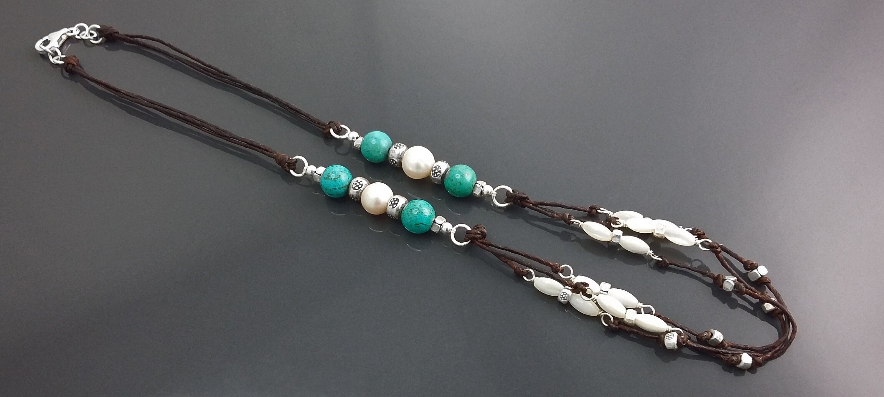 Turquoise Necklace, Sterling Silver, Brown Leather, Turquoise Stone Necklace, White Shell Pearl, Mother of Pearl Shell Bead, Boho Ethnic