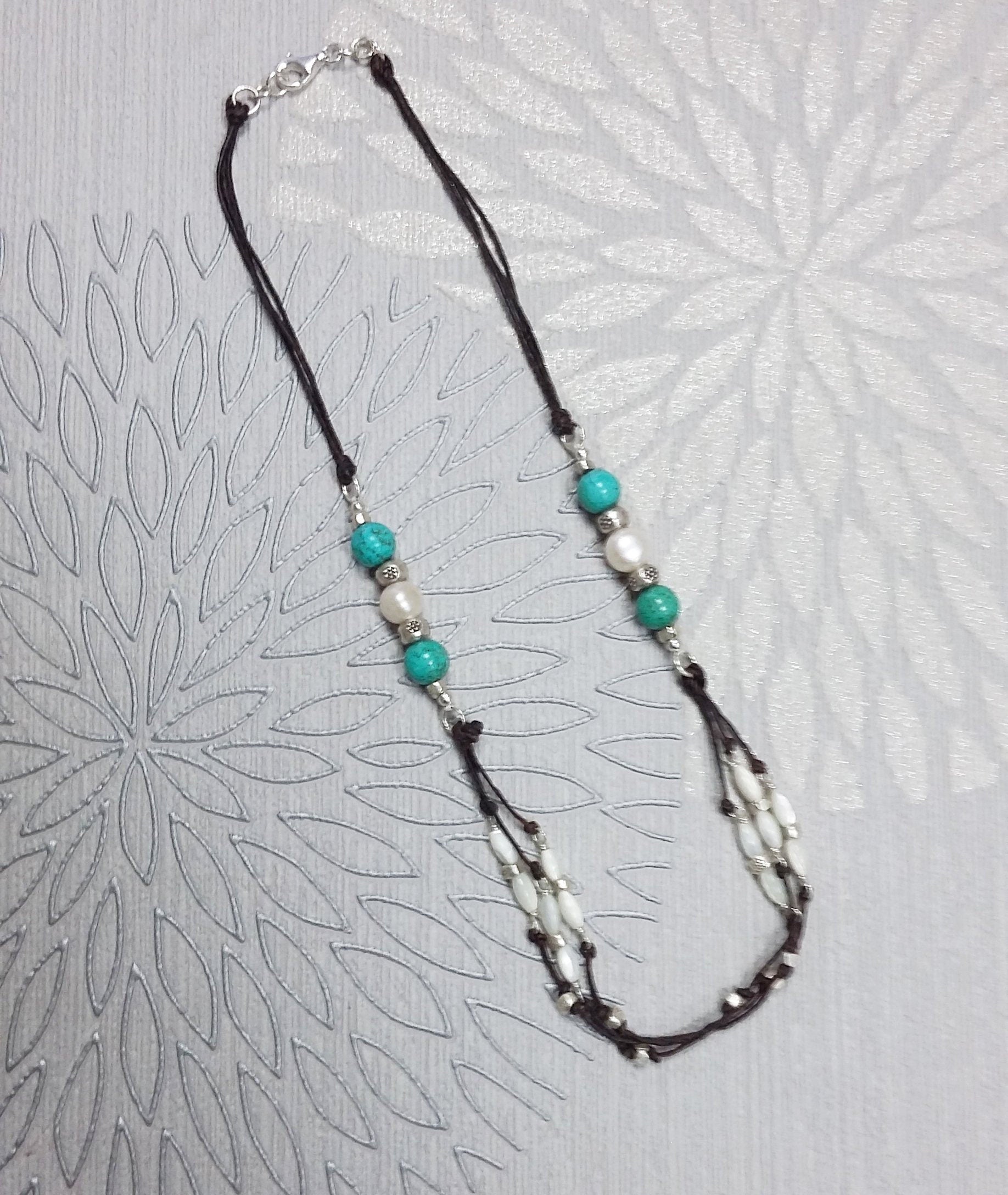 Turquoise Necklace, Sterling Silver, Brown Leather, Turquoise Stone Necklace, White Shell Pearl, Mother of Pearl Shell Bead, Boho Ethnic