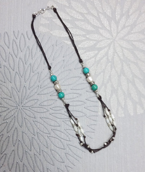 Turquoise Necklace, Sterling Silver, Brown Leather, Turquoise Stone Necklace, White Shell Pearl, Mother of Pearl Shell Bead, Boho Ethnic