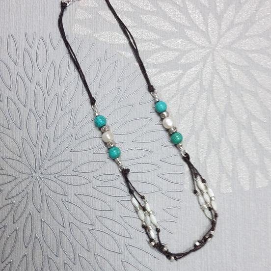 Turquoise Necklace, Sterling Silver, Brown Leather, Turquoise Stone Necklace, White Shell Pearl, Mother of Pearl Shell Bead, Boho Ethnic