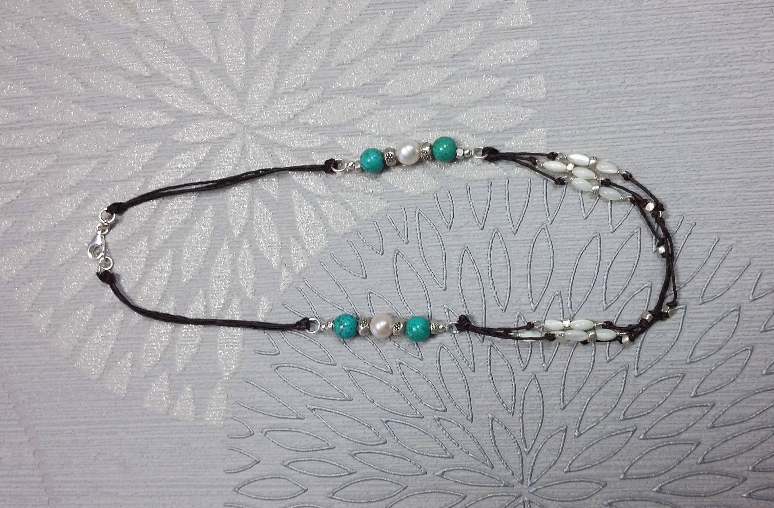 Turquoise Necklace, Sterling Silver, Brown Leather, Turquoise Stone Necklace, White Shell Pearl, Mother of Pearl Shell Bead, Boho Ethnic