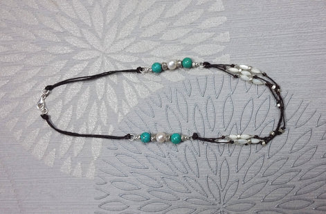 Turquoise Necklace, Sterling Silver, Brown Leather, Turquoise Stone Necklace, White Shell Pearl, Mother of Pearl Shell Bead, Boho Ethnic