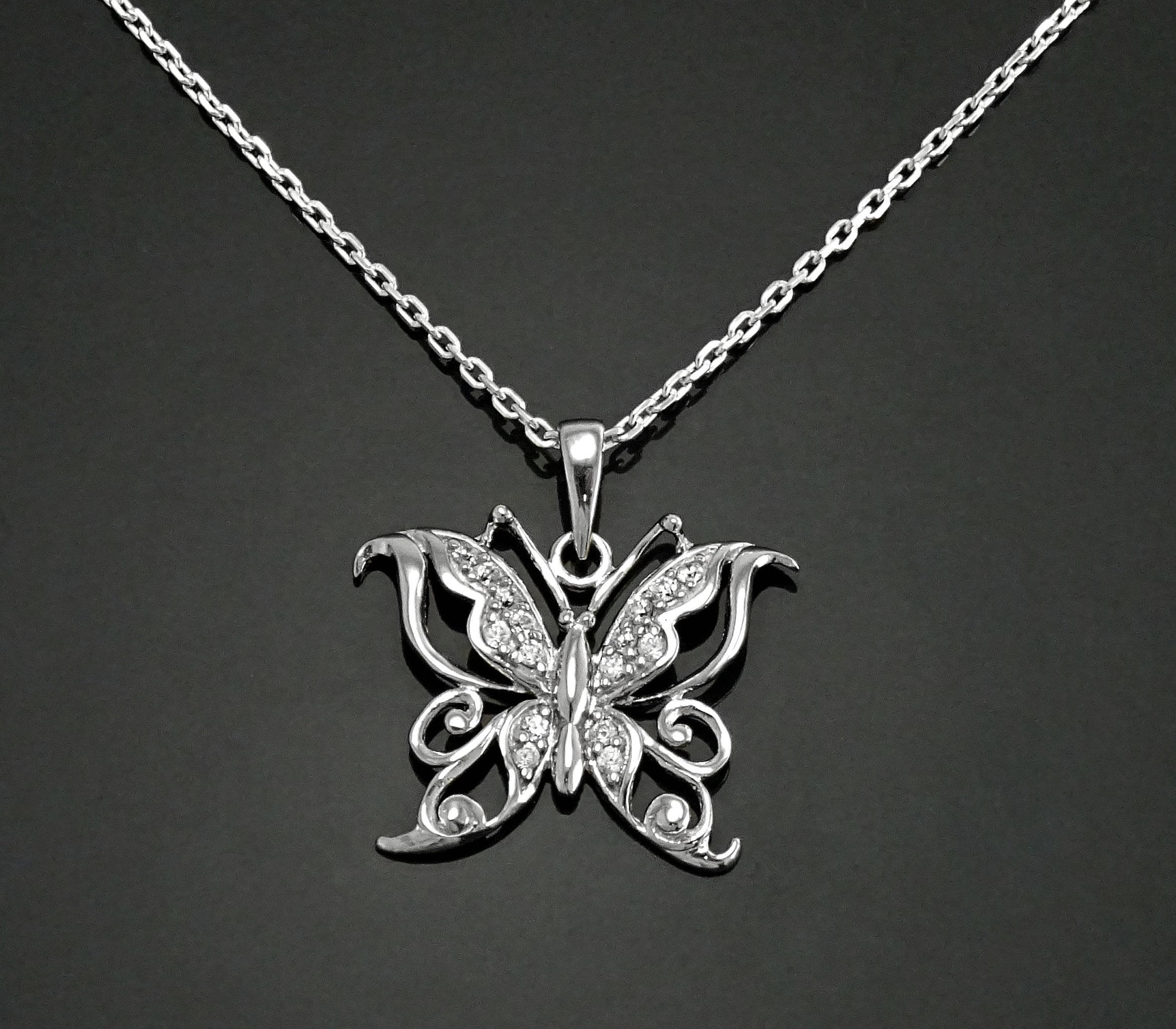 Diamond Butterfly Necklace • Sterling Silver Openwork Butterfly Pendant • Elegant Sparkling Nature Jewelry