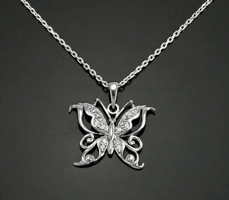 Diamond Butterfly Necklace • Sterling Silver Openwork Butterfly Pendant • Elegant Sparkling Nature Jewelry