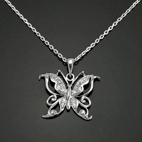 Diamond Butterfly Necklace • Sterling Silver Openwork Butterfly Pendant • Elegant Sparkling Nature Jewelry