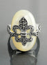 Sterling Silver Fleur de Lys Ring, Marcasite Mother of Pearl, French Vintage Jewelry