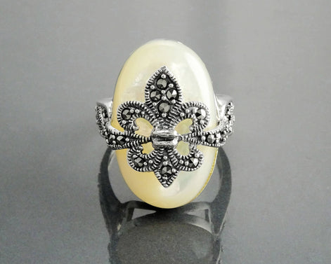 Sterling Silver Fleur de Lys Ring, Marcasite Mother of Pearl, French Vintage Jewelry