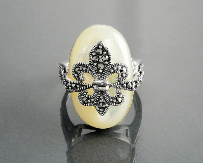 Sterling Silver Fleur de Lys Ring, Marcasite Mother of Pearl, French Vintage Jewelry