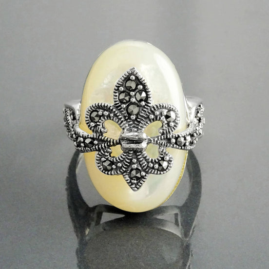 Sterling Silver Fleur de Lys Ring, Marcasite Mother of Pearl, French Vintage Jewelry