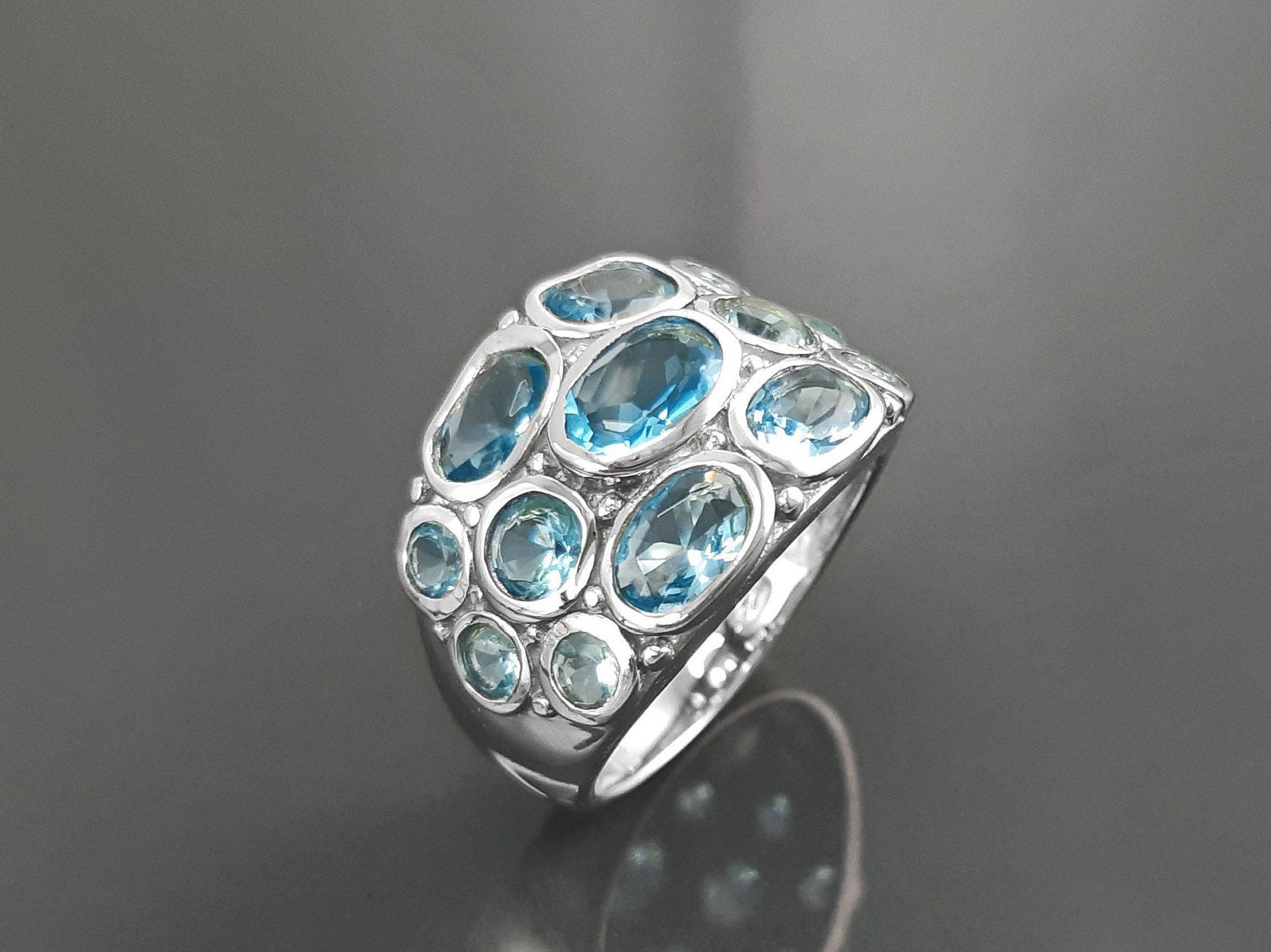 Topaz Blue Color Ring, Sterling Silver Ring, Intricate Boho Design, Oval shape Stone, Antique Ring, Unique Boho Ring,