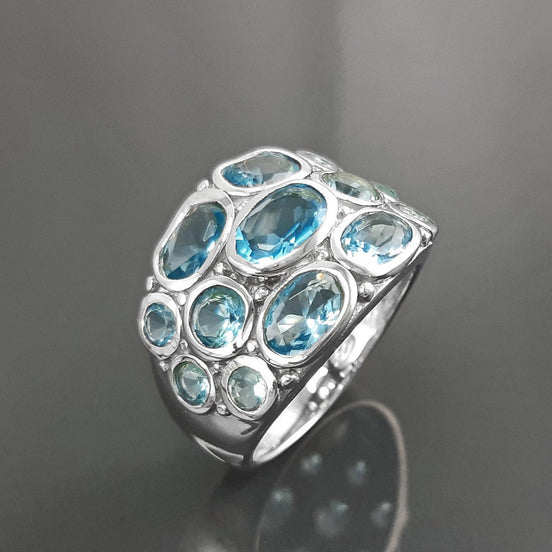 Topaz Blue Color Ring, Sterling Silver Ring, Intricate Boho Design, Oval shape Stone, Antique Ring, Unique Boho Ring,