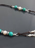Turquoise Necklace, Sterling Silver, Brown Leather, Turquoise Stone Necklace, White Shell Pearl, Mother of Pearl Shell Bead, Boho Ethnic