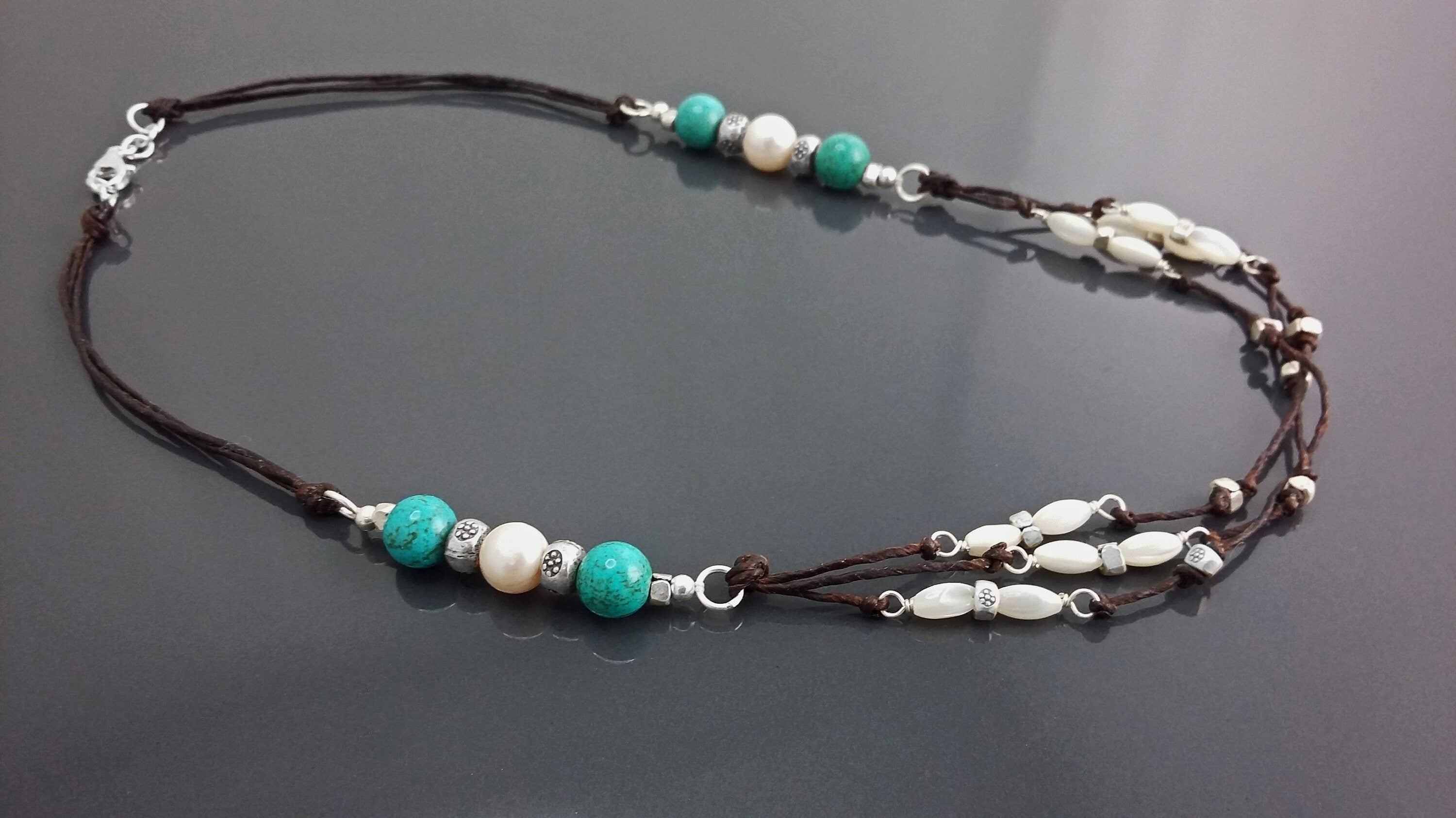 Turquoise Necklace, Sterling Silver, Brown Leather, Turquoise Stone Necklace, White Shell Pearl, Mother of Pearl Shell Bead, Boho Ethnic
