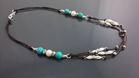 Turquoise Necklace, Sterling Silver, Brown Leather, Turquoise Stone Necklace, White Shell Pearl, Mother of Pearl Shell Bead, Boho Ethnic