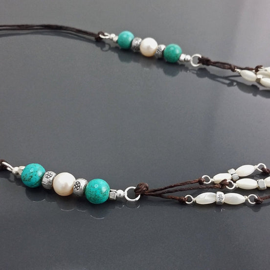 Turquoise Necklace, Sterling Silver, Brown Leather, Turquoise Stone Necklace, White Shell Pearl, Mother of Pearl Shell Bead, Boho Ethnic