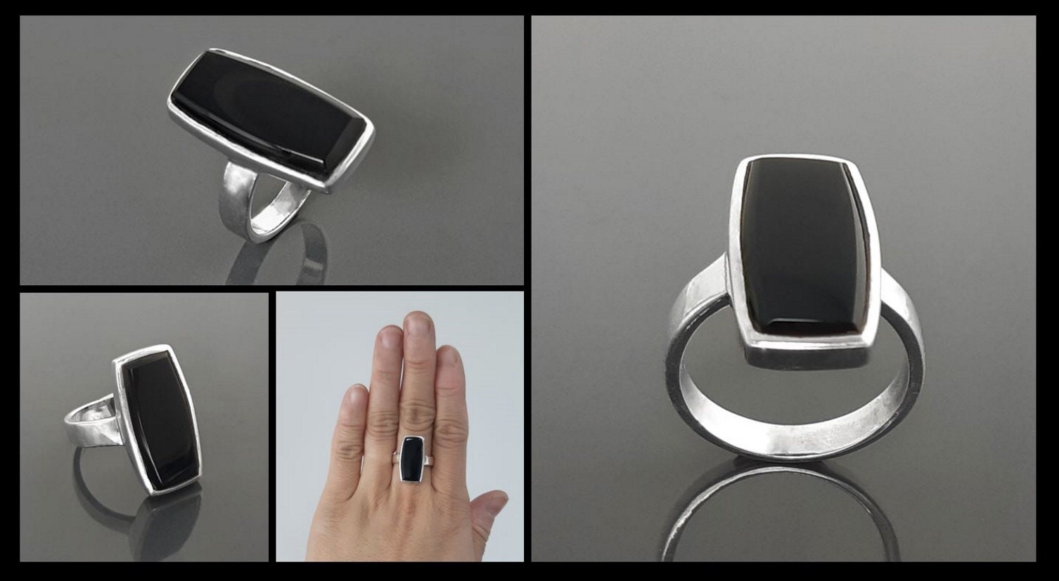 Black onyx ring, sterling silver set with a rectangle onyx stone in a unique modern design