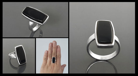 Black onyx ring, sterling silver set with a rectangle onyx stone in a unique modern design