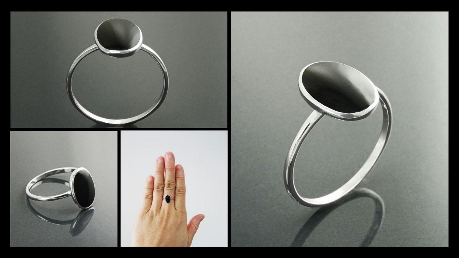 Oval Black Ring, Sterling Silver Ring, Ring with Flat Oval Stone, Genuine Onyx Gemstone, Small Everyday Ring, Modern Ring, Minimalist Ring