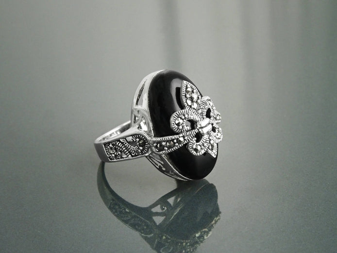Fleur de Lys Ring, Silver 925, Marcasite Ring, Real Black Onyx, French Vintage Jewelry, Lis Petals Symbol of Purity, Innocence and Virginity