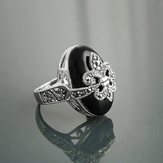 Fleur de Lys Ring, Silver 925, Marcasite Ring, Real Black Onyx, French Vintage Jewelry, Lis Petals Symbol of Purity, Innocence and Virginity