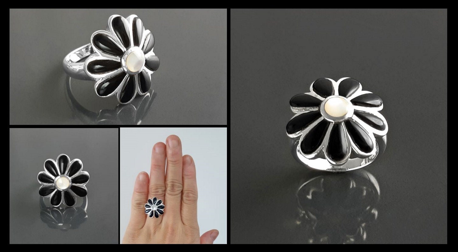 Sterling Silver Daisy Ring, White Mother of Pearl, Black Onyx Petals, Floral Band