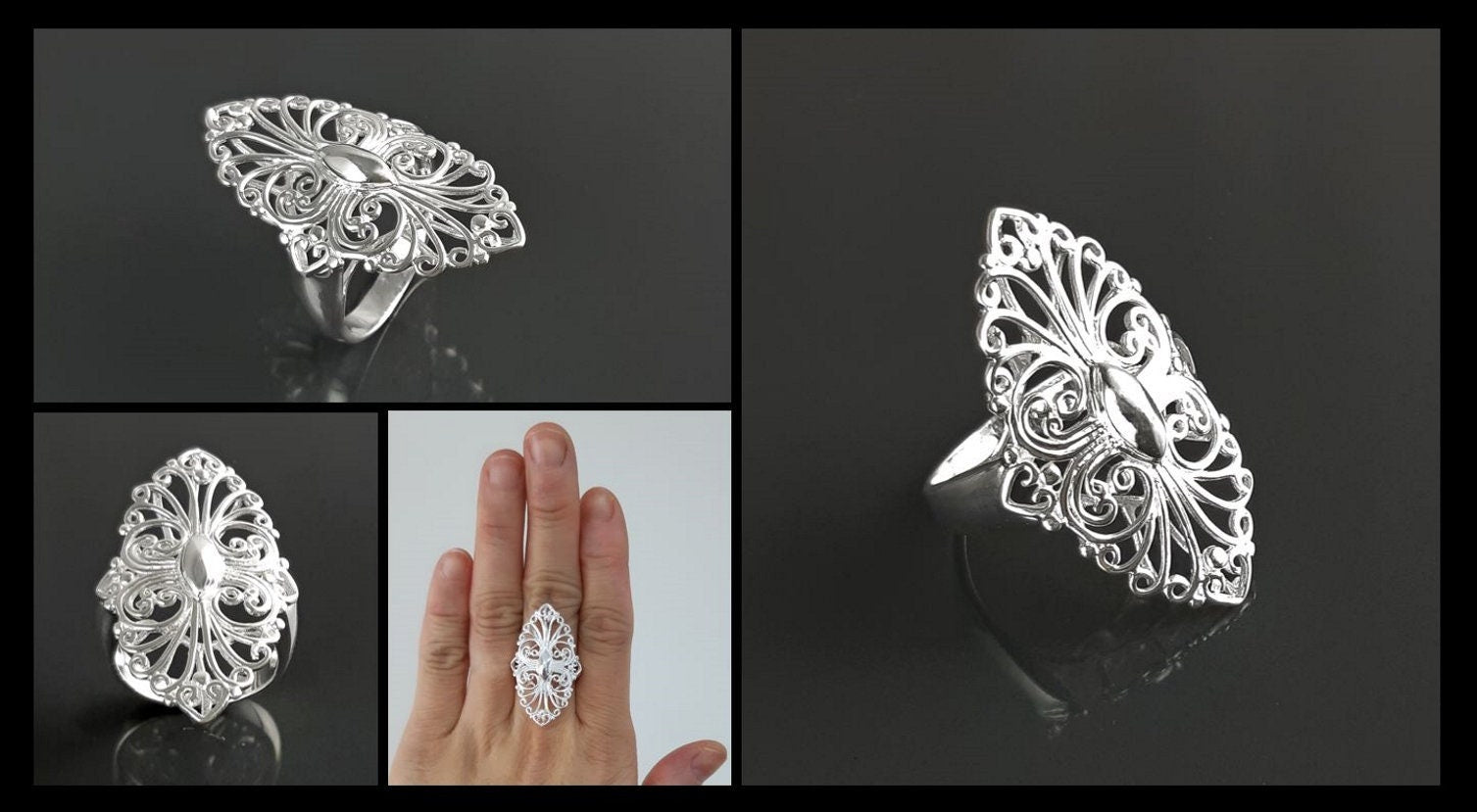 Sterling Silver Filigree Marquise Lace Ring, Vintage Inspired Design jewelry