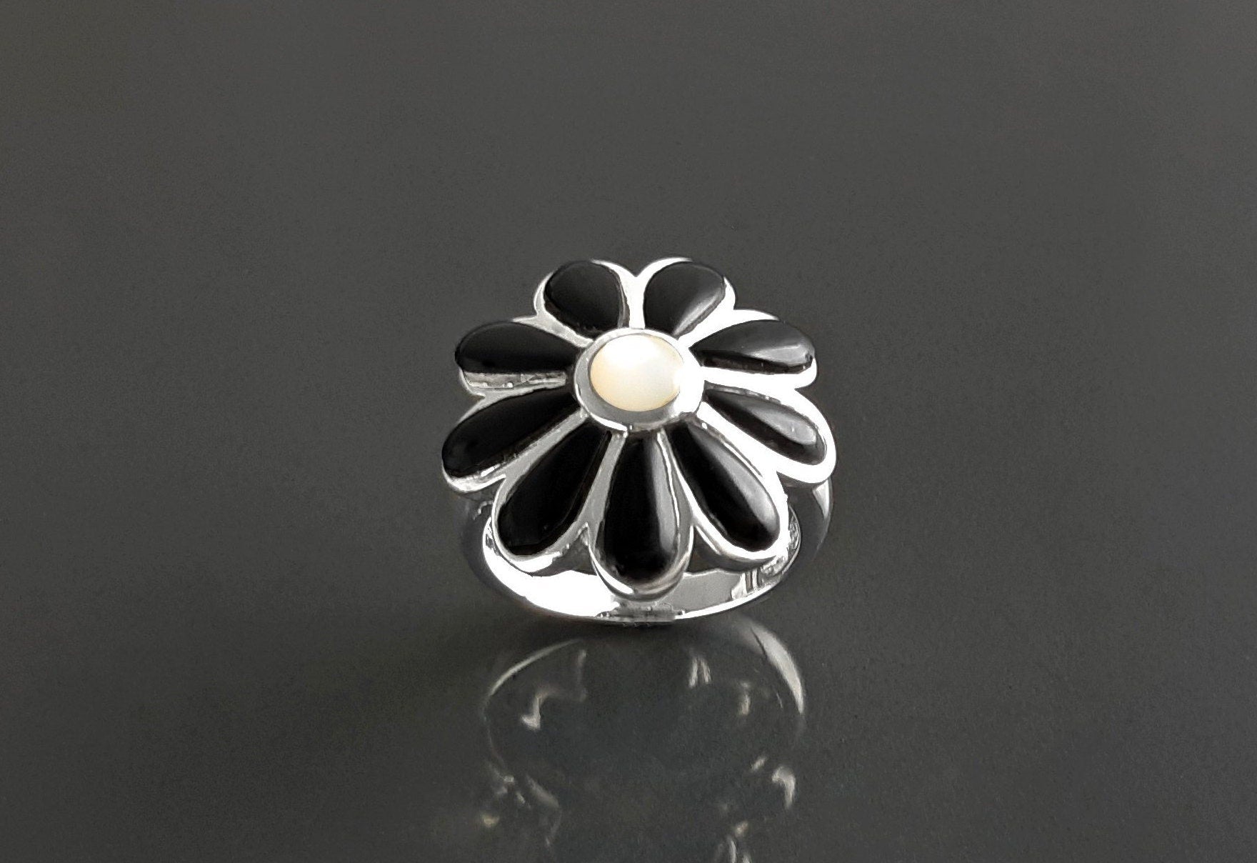 Sterling Silver Daisy Ring, White Mother of Pearl, Black Onyx Petals, Floral Band