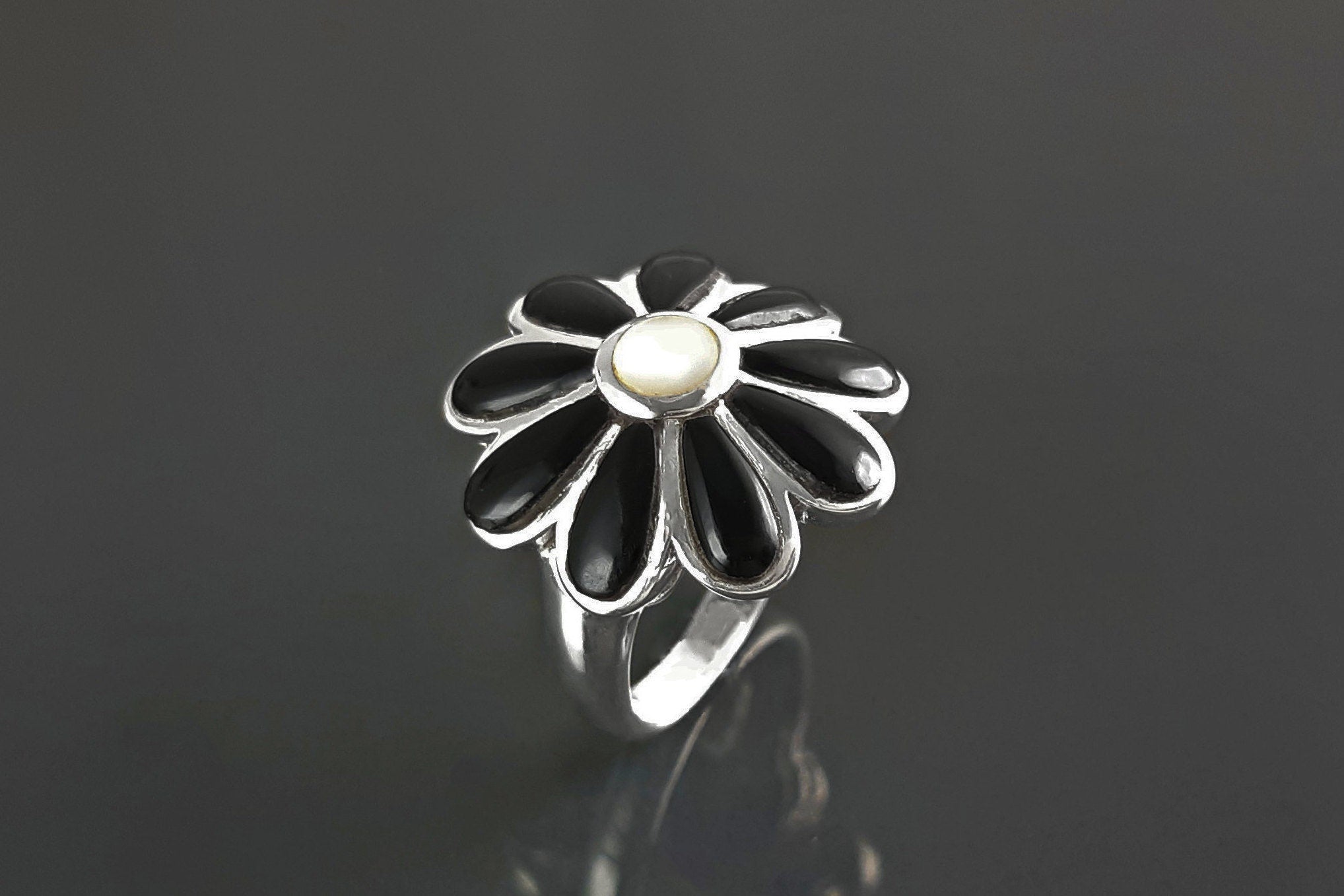 Sterling Silver Daisy Ring, White Mother of Pearl, Black Onyx Petals, Floral Band