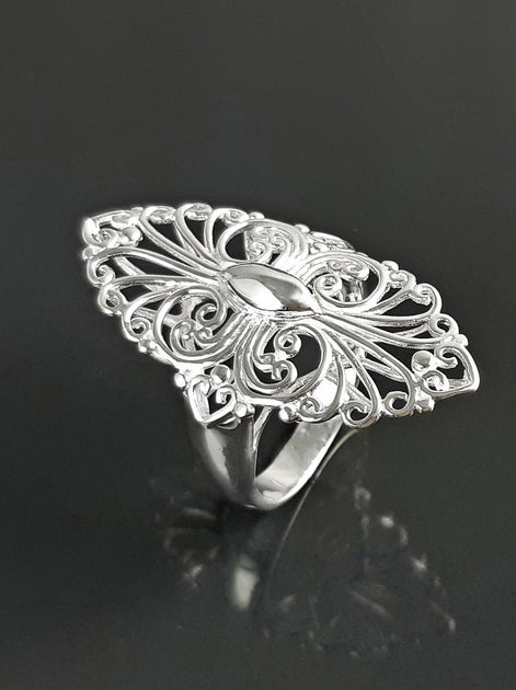 Sterling Silver Filigree Marquise Lace Ring, Vintage Inspired Design jewelry