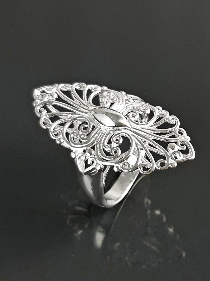 Sterling Silver Filigree Marquise Lace Ring, Vintage Inspired Design jewelry