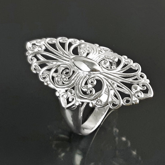 Sterling Silver Filigree Marquise Lace Ring, Vintage Inspired Design jewelry