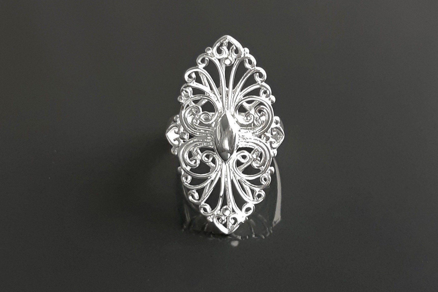 Sterling Silver Filigree Marquise Lace Ring, Vintage Inspired Design jewelry