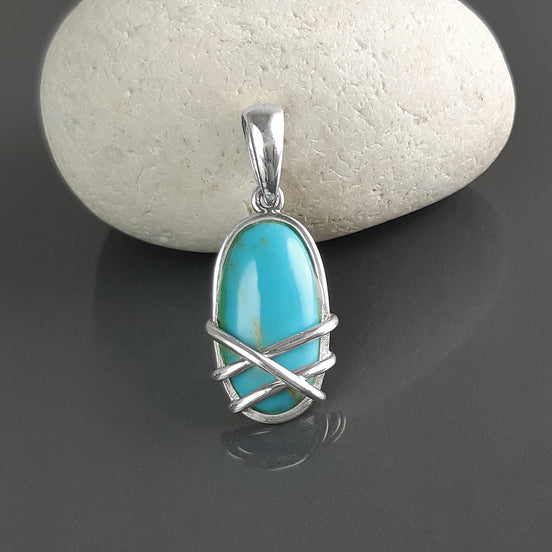 Pendentif argent turquoise, pendentif argent 925, pierre turquoise de forme ovale, design filigrane moderne, bijou minimaliste en turquoise