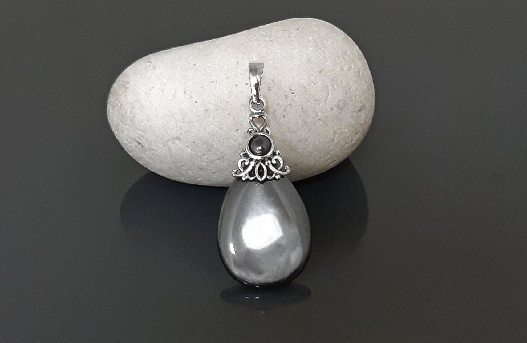Art Deco Pendant - Sterling Silver, Filigree Pendant, Genuine Grey Hematite Stone, Vintage Style Boho Necklace, antique chic jewelry