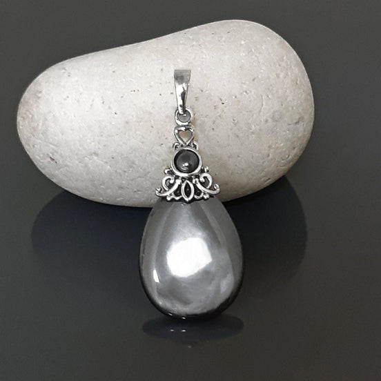 Art Deco Pendant - Sterling Silver, Filigree Pendant, Genuine Grey Hematite Stone, Vintage Style Boho Necklace, antique chic jewelry