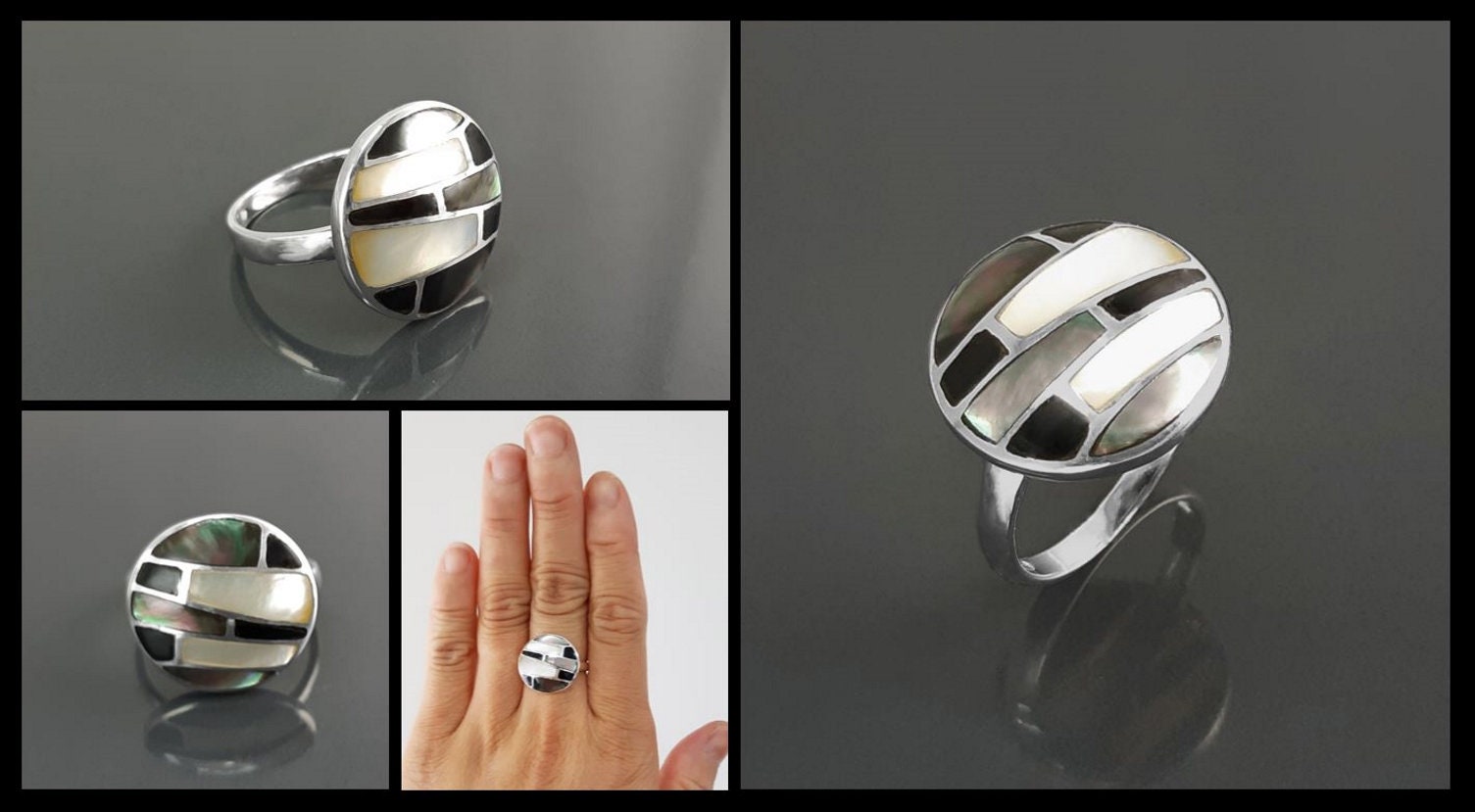 Round Shell Ring, Sterling Silver, White Mother of Pearl, Grey Paua with Onyx Stone, Horizontal Mosaic Stone, Geometric Ring, Woman Ring