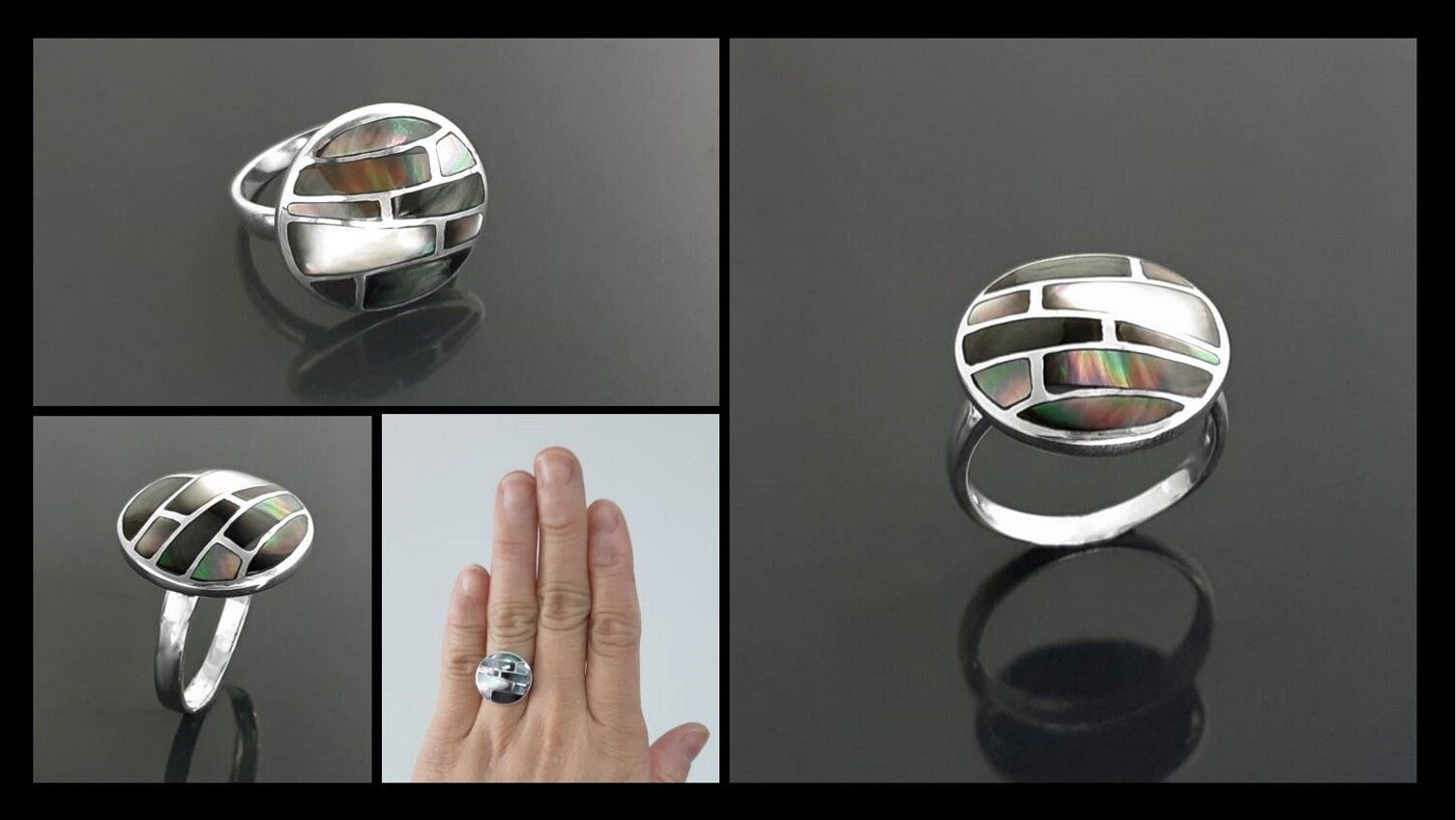 Sterling Silver Mosaic Ring, Grey Paua Shell, White Mother of Pearl, Geometric Jewelry