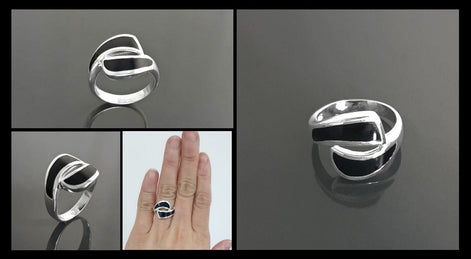 Black Waves Ring, Sterling Silver, Black Onyx Stone Jewelry, Modern Geometric Bypass Curved Comma Wave Design, Inlay Stones