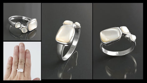Sterling Silver Mother of Pearl 925 Ring, Modern MOP Band Jewelry, 3 White Shell Ring