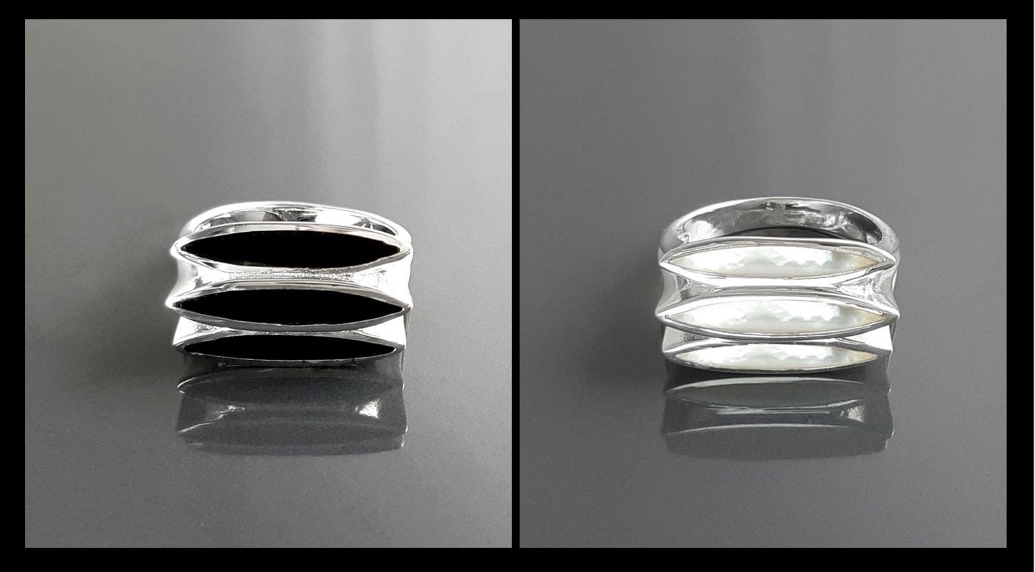 Sterling Silver Black Onyx Geometric Ring, Modern Design