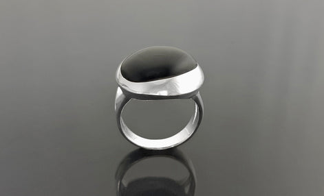 Black stone Ring, Sterling Silver, Genuine Black Onyx gemstone, unique modern shape design jewelry