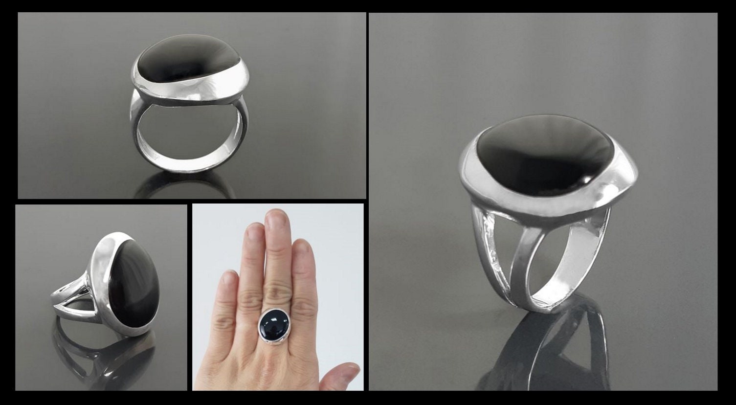 Black stone Ring, Sterling Silver, Genuine Black Onyx gemstone, unique modern shape design jewelry