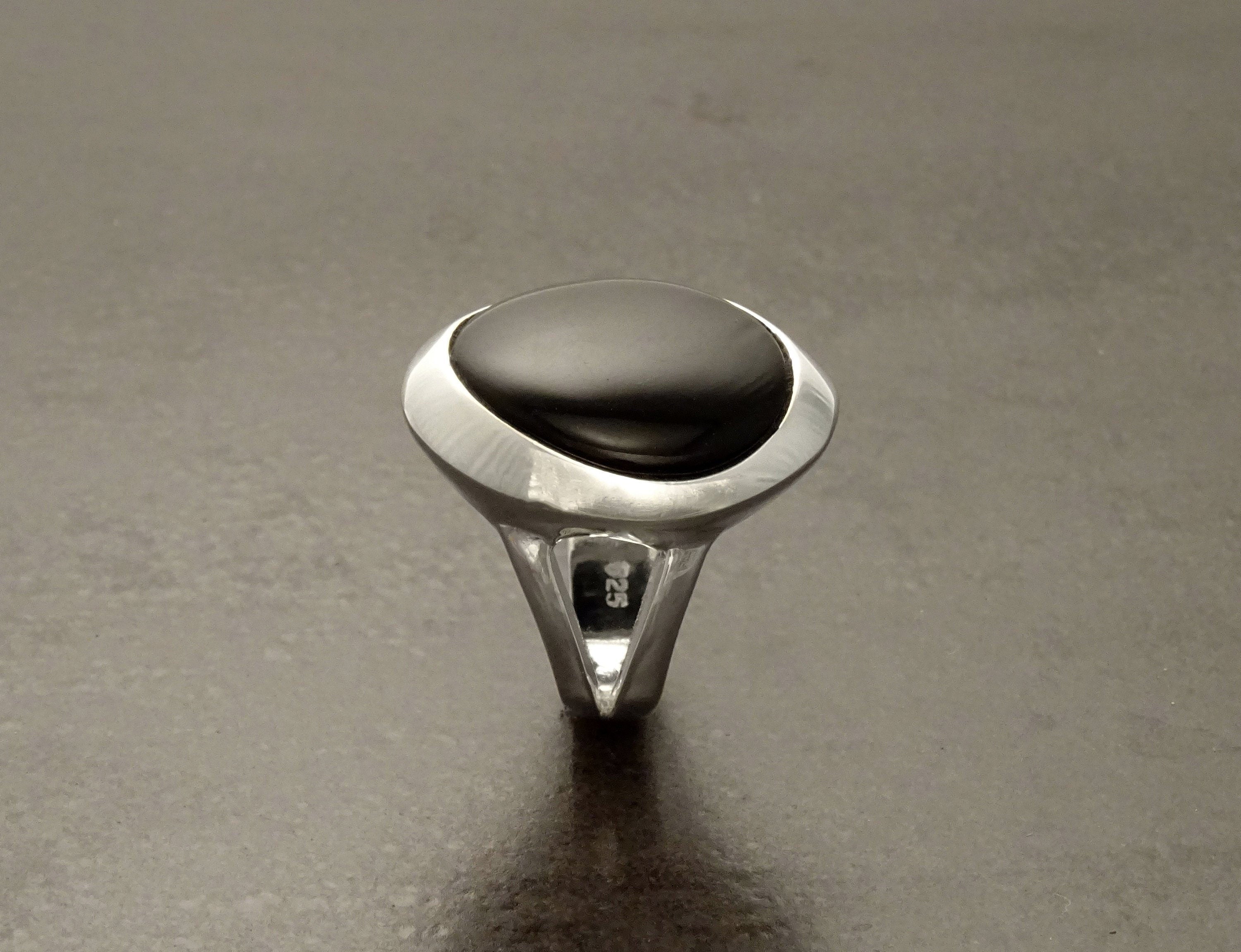 Black stone Ring, Sterling Silver, Genuine Black Onyx gemstone, unique modern shape design jewelry