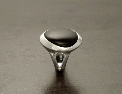 Black stone Ring, Sterling Silver, Genuine Black Onyx gemstone, unique modern shape design jewelry