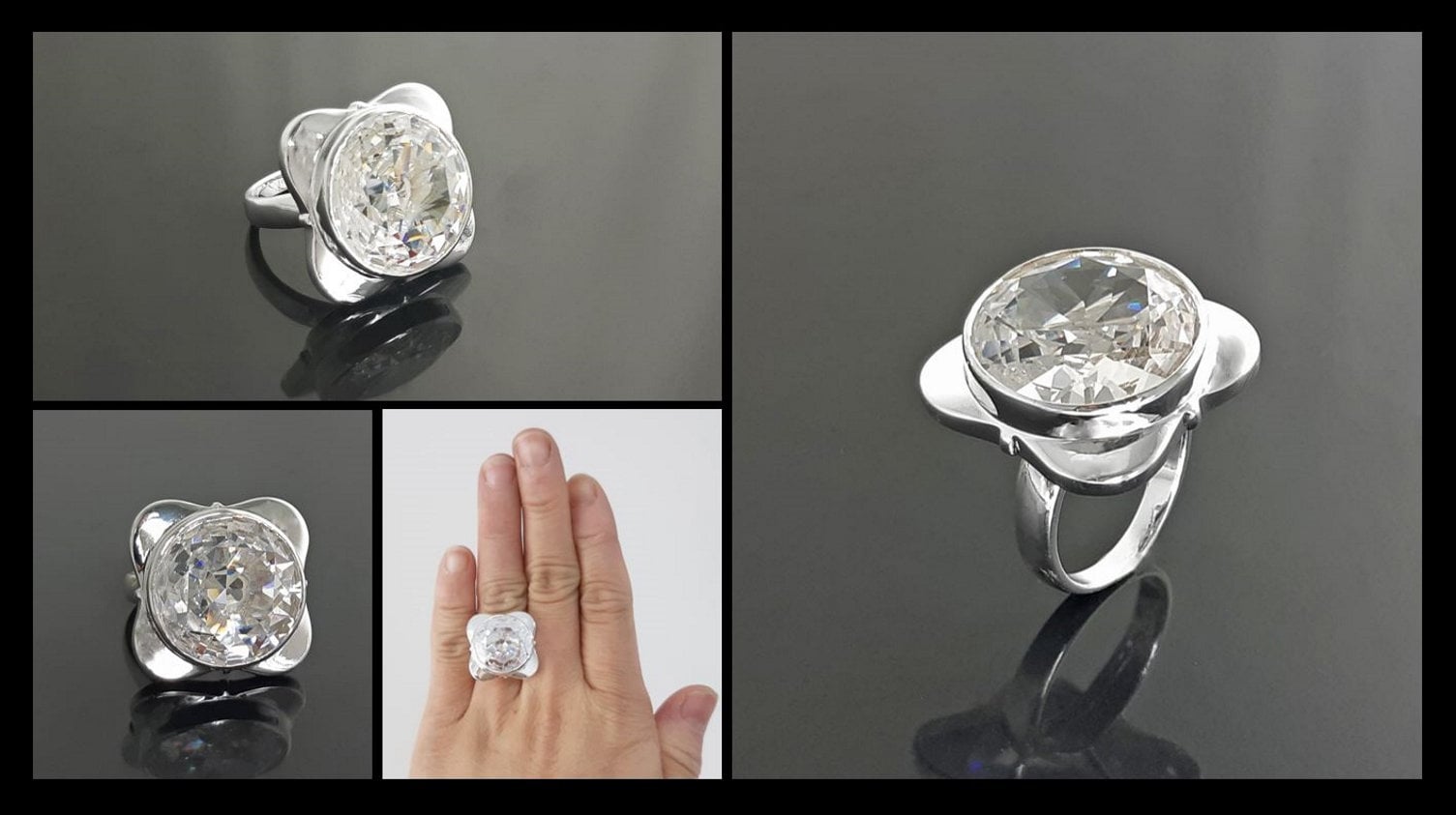 Statement Square Ring, Sterling Silver Ring, Unique Statement Silver Ring, Four-Leaf Clover Ring, set with a Majestic White, Cubic Zirconia.