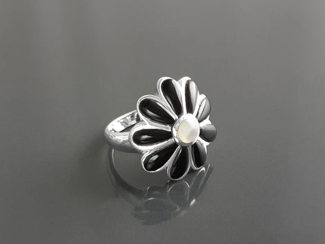 Sterling Silver Daisy Ring, White Mother of Pearl, Black Onyx Petals, Floral Band