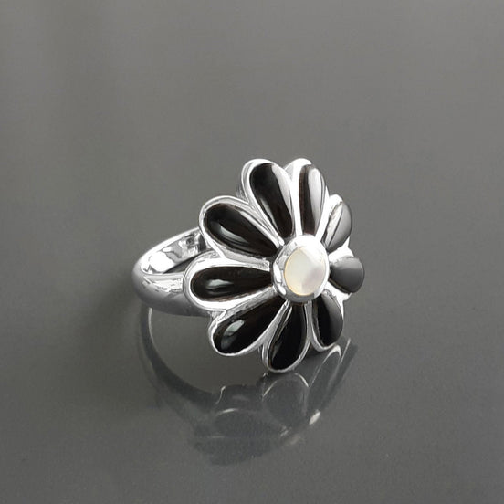 Sterling Silver Daisy Ring, White Mother of Pearl, Black Onyx Petals, Floral Band
