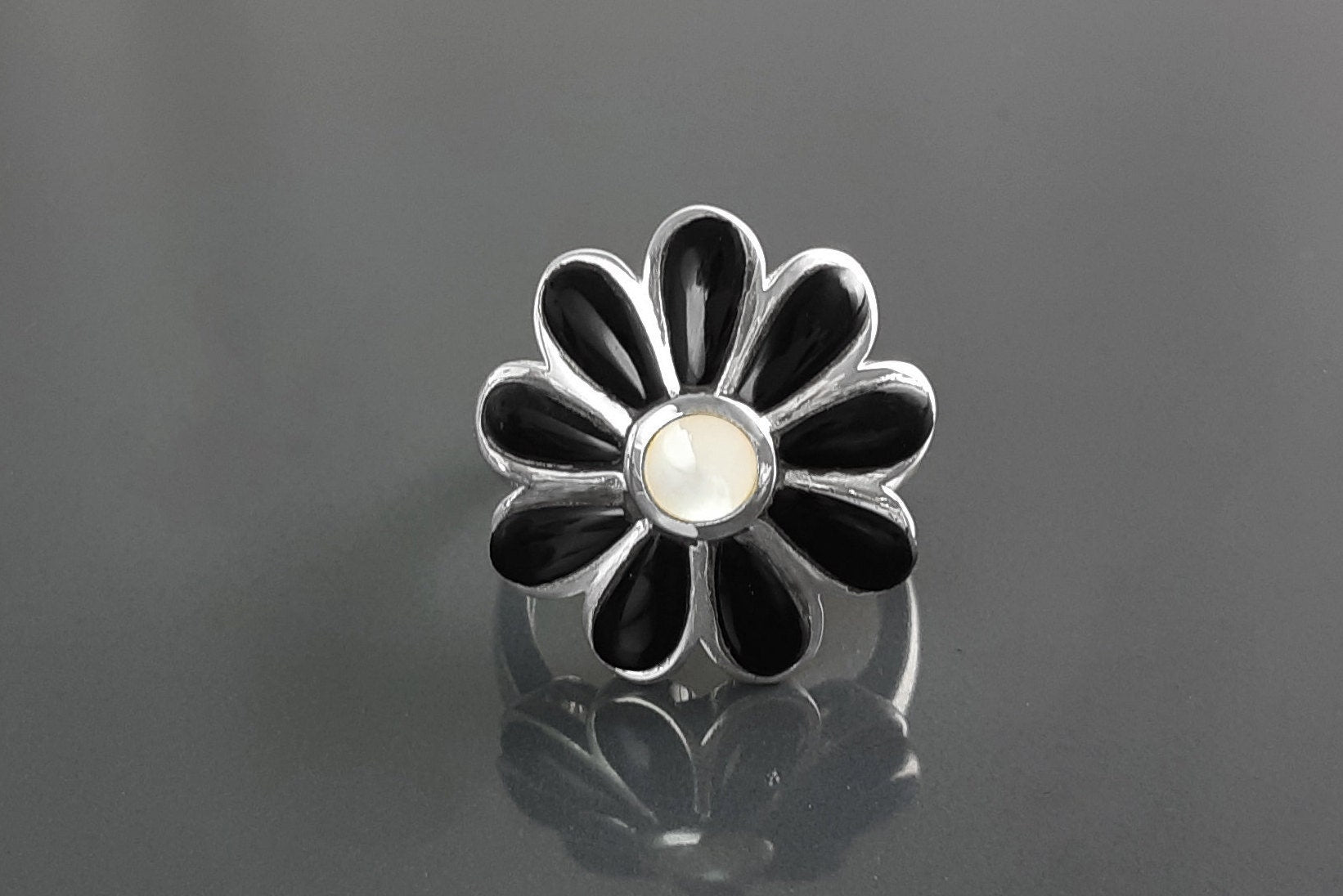 Sterling Silver Daisy Ring, White Mother of Pearl, Black Onyx Petals, Floral Band